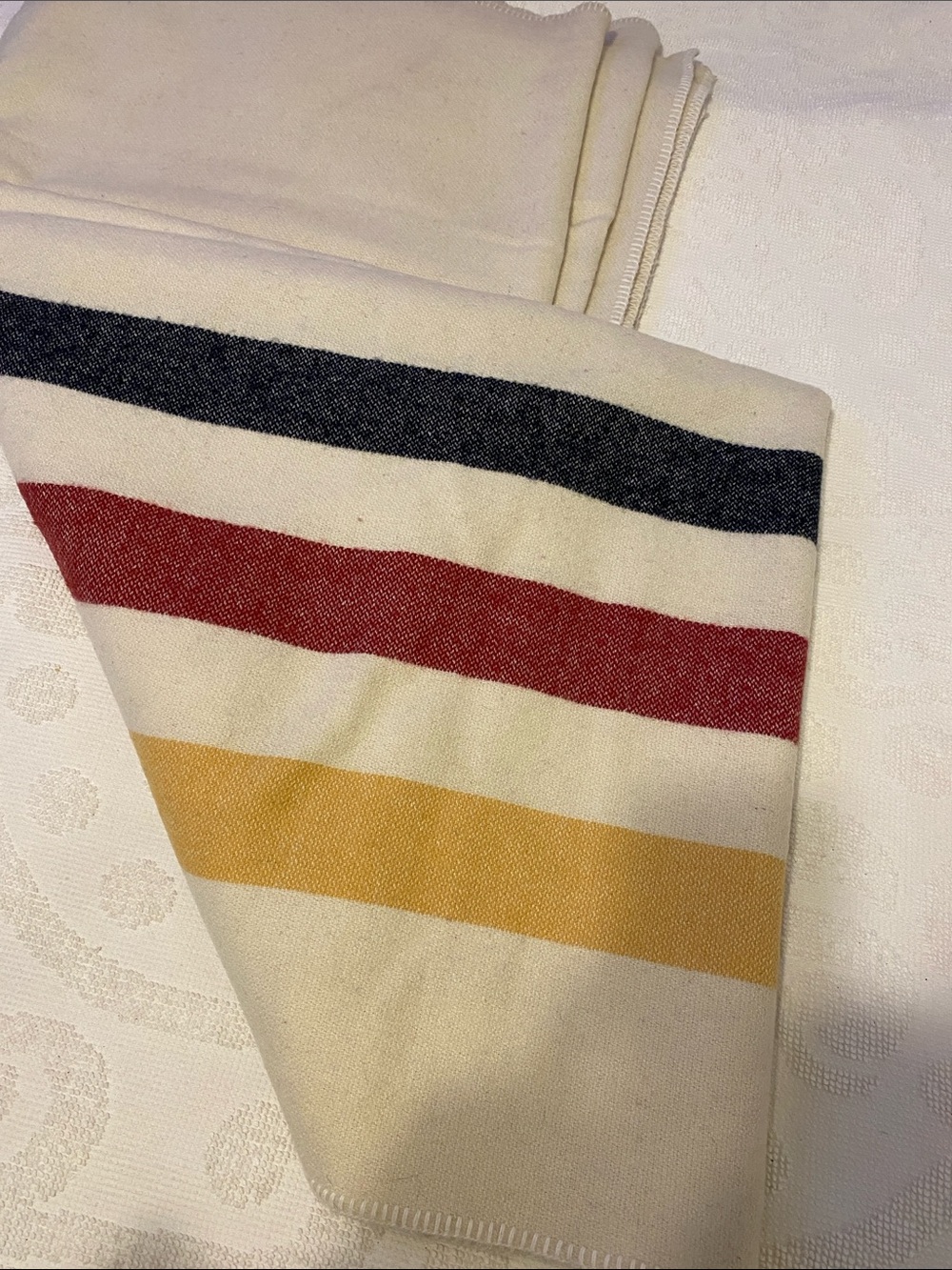 Vintage L. L. Bean Cream Throw with Navy, Red & Mustard Stripes, wool